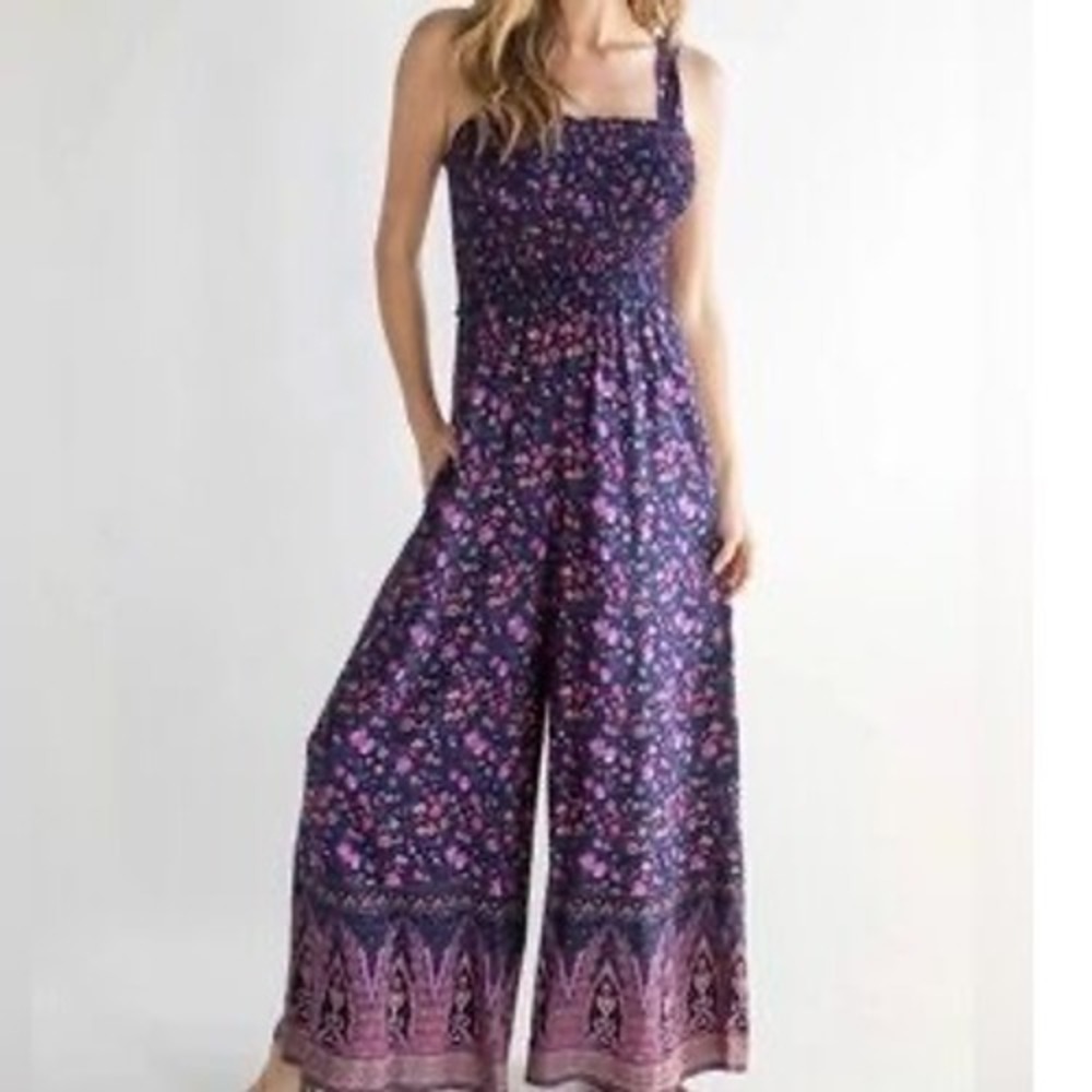 Natural Life Smocked Jumpsuit Womens Large Purple Floral Wide Leg Boho Romper
